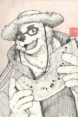 anthro clothed clothing eyewear food fruit glasses hat headgear headwear humanoid_hands male melon overweight overweight_anthro overweight_male plant solo straw_hat text watermelon watermelon_slice felixleong lifewonders tokyo_afterschool_summoners volos_(tas) bear mammal 2021 absurd_res english_text hi_res monochrome