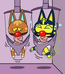 anthro baby_bouncer ball_gag bdsm bodily_fluids bondage bound clothing diaper drooling duo feces female gag restraints saliva soiled_diaper soiling stink_fumes stink_lines straitjacket suspended_in_midair tears unclean_diaper used_diaper boxtrot animal_crossing nintendo ankha_(animal_crossing) katt_(animal_crossing) domestic_cat felid feline felis mammal absurd_res hi_res