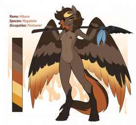 5_fingers anthro areola breasts brown_body brown_fur brown_hair brown_tail brown_wings female fingers front_view fur genitals hair hooves looking_at_viewer navel nipples smile solo standing tail vulva wings yellow_eyes w4g4 equid equine mammal 2025 digital_drawing_(artwork) digital_media_(artwork) hi_res model_sheet