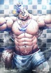 abs anthro armpit_hair biceps blue_eyes body_hair camera_hud chest_tuft crown fur gem grey_body grey_fur grey_hair hair headgear jewelry looking_at_viewer male muscular muscular_anthro muscular_male navel necklace obliques one_eye_closed pecs pubes selfie serratus shower smile solo star tail text tile tile_wall tongue tongue_out towel towel_around_waist tuft wall_(structure) wet wet_body wet_fur wink desfrog sean_(opsychowolfo) canid canine canis mammal wolf 2019 absurd_res digital_media_(artwork) english_text hi_res