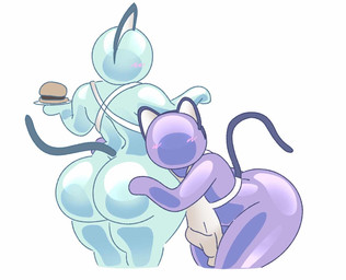 anthro apron big_butt blush burger butt butt_grab cat_ear_headband cat_tail clothing duo food glistening glistening_body hand_on_butt leaning leaning_forward looking_at_viewer looking_back male plate plateup! presenting touching_butt waiter pookibearnsfw circlehead humanoid