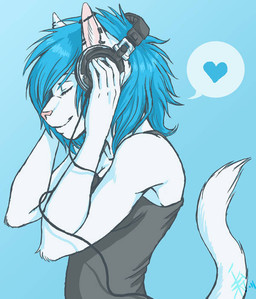 anthro blue_hair ear_piercing ear_ring electronics female fur hair headphones heart_symbol piercing ring_piercing solo speech_bubble white_body white_fur oomizuao lillith_(oomizuao) domestic_cat felid feline felis mammal