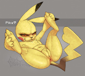 anthro anus armpit_hair belly body_hair chest_tuft dark_sclera dialogue digitigrade female genitals logo looking_at_viewer lying on_back paws presenting presenting_anus presenting_vulva pubes simple_background smug solo spread_legs spreading tail tuft vulva cryptidfelinoid nintendo pokemon generation_1_pokemon pikachu pokemon_(species)