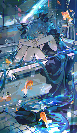 accessory aquarium black_clothing black_dress black_ribbon blue_eyes blue_hair bubble clothing dark double-parted_bangs dress female fish_tank hair hair_accessory hair_between_eyes hair_ribbon long_hair ribbons sad solo twintails_(hairstyle) vivarium mento shinkai_shoujo_(vocaloid) vocaloid yamaha_corporation hatsune_miku aquatic fish human mammal blue_theme hi_res