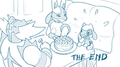 ambiguous_gender anthro booth_seating cake chair cutlery dessert emanata food fork fur furniture group holding_object holding_tool holding_utensil inside kitchen_utensils knife open_mouth plate restaurant simple_background sitting size_difference spikes spikes_(anatomy) table text the_end tools trio tuft wide_eyed yolko_shark nintendo pokemon generation_4_pokemon generation_7_pokemon incineroar lucario pokemon_(species) riolu 16:9 2025 blue_and_white english_text hi_res monochrome widescreen