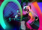 anthro cybernetic_arm cybernetic_limb dancing female glowstick midriff party phayrra rave smile solo spots omesore cheetah felid feline mammal hi_res