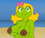 accessory anthro beach big_breasts blonde_hair blood blush bodily_fluids bow_ribbon breasts clothing coconut_bra crowd erect_nipples eyelashes female green_eyes group hair hair_accessory hair_bow hair_ribbon nipples non-mammal_breasts nosebleed open_mouth outside ribbons silhouette smile solo speech_bubble wardrobe_malfunction juice87 gianna_frog ambiguous_species amphibian canid canine felid feline frog humanoid mammal animated short_playtime