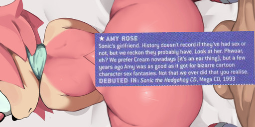 anthro balls big_butt boots butt clothing duo female footwear genitals green_eyes hair human_on_anthro interspecies looking_at_viewer looking_back looking_back_at_viewer male male/female mostly_nude multicolored_body pink_body pink_hair shoes tan_body text two_tone_body cranihum sega sonic_the_hedgehog_(series) amy_rose eulipotyphlan hedgehog human mammal absurd_res english_text hi_res
