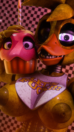 ambiguous_gender anthro areola beak bib big_breasts breasts brown_areola brown_nipples candle carrying_another casual_nudity checkered checkered_background cupcake dark_areola dark_nipples duo female female_anthro fingers food freckled_face freckles glowing glowing_eyes hand_on_another's_head looking_at_viewer machine nipples non-mammal_breasts non-mammal_nipples one_eye_closed open_mouth particles pattern_background profanity purple_eyes sharp_teeth simple_background teeth wink winking_at_viewer yellow_body mrs_dexie octal_(modeler) five_nights_at_freddy's scottgames chica_(fnaf) classic_chica_(fnaf) cupcake_(fnaf) animatronic avian bird chicken food_creature galliform living_cupcake phasianid robot robot_anthro 2025 3d_(artwork) 4k 9:16 absurd_res digital_media_(artwork) hi_res portrait