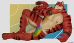 abs anthro biceps big_bulge border bulge clothed clothing deltoids facial_piercing grin grinning_at_viewer hand_on_chin jockstrap jockstrap_only lgbt_pride looking_at_viewer lying male muscular muscular_arms muscular_legs nipple_piercing nipples nose_piercing nose_ring on_side pecs piercing pride_colors rainbow_colors rainbow_jockstrap reclining ring_piercing simple_background smile solo topless triceps underwear underwear_only white_border wristband xevier_gilbert felid mammal pantherine tiger 2024 hi_res