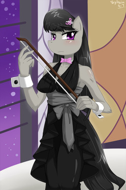 anthro anthrofied black_hair blush bow_(feature) bow_(stringed_instrument) bow_tie bowed_string_instrument breasts cello clothing detailed_background dress female hair long_hair music musical_instrument purple_eyes solo string_instrument toony skykain friendship_is_magic hasbro my_little_pony octavia_(mlp) earth_pony equid equine horse mammal pony 2011 hi_res