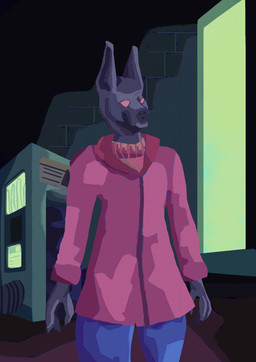 ambiguous_gender anthro biped blue_bottomwear blue_clothing blue_pants bottomwear clothed clothing empty_eyes front_view fully_clothed gas_mask grey_body looking_at_viewer mask pants pink_clothing pink_eyes pink_topwear pointy_ears prick_ears screen solo topwear window thy_beepsi canid canine canis jackal mammal absurd_res digital_media_(artwork) digital_painting_(artwork) hi_res painting_(artwork) portrait three-quarter_portrait