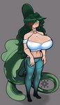 animal_humanoid big_breasts blush breasts cleavage clothed clothing female green_hair green_tail hair hair_over_eye hi_res huge_breasts humanoid joeydrawss marine marine_humanoid one_eye_obstructed solo tail