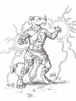 3_toes 5_fingers anthro arm_wraps biped bottomwear breasts clothed clothing digitigrade energy feet female fingers halter_top horn leg_wraps loincloth looking_forward magic magic_user markings solo sparks standing tail toes wraps 0laffson arynna_(druton) mammal rhinoceros 2017 graphite_(artwork) hi_res sketch traditional_media_(artwork)
