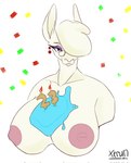 anthro big_breasts birthday breasts cake candle confetti dessert female food looking_at_viewer makeup mature_anthro mature_female nipples solo xerun mommy_alpaca alpaca camelid mammal hi_res