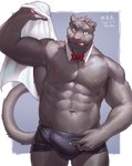 abs anthro biped blue_eyes boxer_briefs bulge clothed clothing detailed_bulge fur genital_outline grey_body grey_clothing grey_fur grey_underwear holding_object holding_towel male muscular muscular_anthro muscular_male pawpads pecs penis_outline pink_nose sideways-pointing_bulge simple_background solo standing tongue tongue_out towel underwear underwear_only taki_kaze felid mammal pantherine 2023 digital_drawing_(artwork) digital_media_(artwork) hi_res