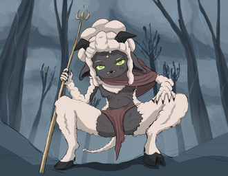 animal_ears anthro bone_in_nose bone_piercing bottomwear breasts camel_toe clothed clothing cloven_hooves crouching dark_body dark_skin facial_scar female forest forest_background fur glowing glowing_eyes green_eyes hair hand_on_knee hand_on_leg hooves horn horn_jewelry jewelry kemono loincloth loli looking_at_viewer melee_weapon nature nature_background nipples plant polearm puffy_hair red_clothing scar shoulder_cape skimpy small_breasts small_snout snaggle_teeth snaggle_tooth solo spade_tail spread_legs spreading tail tied_hair topless topless_anthro topless_female tree tribal trident weapon white_body white_fur white_wool wool_(fur) young young_anthro the_fiend zheeka_(fiend) bovid caprine caprine_demon demon mammal satyr sheep hi_res