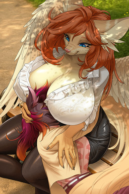anthro bench big_breasts black_body black_feathers blue_eyes bottomwear breasts clothed clothed_female clothing duo eyes_closed feathered_wings feathers female female/female hair huge_breasts inner_ear_fluff legwear miniskirt nipple_outline orange_hair outside park pink_nose relaxation shirt size_difference skirt spring stockings tail thick_thighs topwear tuft wings kittell ruby_sahira canid canine fennec_fox fox mammal true_fox hi_res