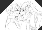 anthro blush clothed clothing duo eyes_closed hair holding_face male male/male scar smile whiskers izm_rm7 lifewonders tokyo_afterschool_summoners protagonist_(tas) tezcatlipoca_(tas) twink_protagonist_(tas) felid feline human mammal pantherine line_art monochrome