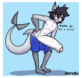 anthro arm_fin balls_outline barefoot big_penis black_hair blue_background blue_bottomwear blue_clothing blue_shorts border bottomwear bulge clothed clothing detailed_bulge dialogue dripping dripping_wet feet fin foreskin genital_outline genitals grey_body grey_scales grin grinning_at_viewer hair half-erect hand_on_hip huge_penis humanoid_genitalia humanoid_penis inviting inviting_viewer looking_at_viewer male male_anthro medium_hair navel partially_clothed partially_clothed_anthro partially_clothed_male penis penis_poking_out question scales shark_tail sharp_teeth shorts simple_background slim smile smiling_at_viewer solo tail tail_fin talking_to_viewer teeth text wet wet_body wet_bottomwear wet_clothing wet_shorts white_border rifykoh len_(rifykoh) aquatic fish mammal shark digital_drawing_(artwork) digital_media_(artwork) english_text watermark