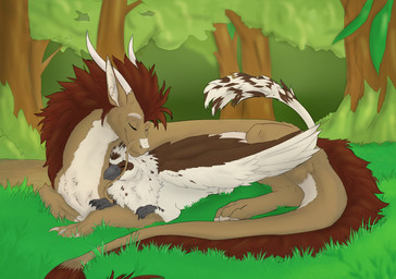 claws cuddling cuddly duo feet feral fluffy fluffy_tail forest fur male male/male plant tail talons toes tree wings genericvalue mythology mythril_silver_(character) xianyu_(miralage) avian dragon furred_dragon furred_scalie gryphon mythological_avian mythological_creature mythological_scalie scalie