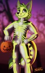 5_fingers anthro biped black_nose blurred_background bone bucket candy chest_tuft container dessert eyebrows featureless_crotch fingers food forest forest_background fruit fur glowing glowing_face glowing_markings green_body green_eyes green_fur hair hand_on_hip holidays jack-o'-lantern male markings nature nature_background plant pumpkin simple_background skeleton skeleton_(marking) smile solo tree tuft white_body white_fur blakefox halloween fidget_the_fox canid canine fox mammal 5:8 absurd_res digital_media_(artwork) hi_res signature