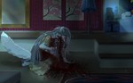 anthro blood blood_on_clothing blood_on_face blood_on_hand bodily_fluids building chair claws clothed clothing crying detailed_background dress female fingers fluffy fluffy_tail fur furniture gore guts hair horror_(theme) house kneeling mirror night office_chair open_mouth organs pawpads paws scared sky solo tail teardrop tears teeth tongue white_body white_fur white_hair yellow_clothing yellow_dress skeleion canid canine fox mammal 2019 digital_media_(artwork)