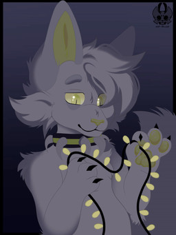 calm cheek_tuft claws collar facial_tuft feral fluffy fluffy_tail fur garland green_eyes green_nose holidays lights male pawpads paws semi-anthro smile solo tail tuft white_body white_fur airymiller felid feline mammal animated half-length_portrait portrait