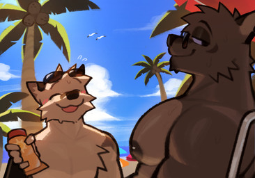 anthro arm_markings beach biceps big_muscles big_pecs blue_sclera blush blush_lines brown_body brown_fur brown_nipples cloud cloudy_sky coconut_tree day duo eyes_closed eyewear eyewear_on_head fruit_tree fur fur_markings hair holding_sunscreen looking_aside male markings multicolored_body multicolored_fur muscular muscular_anthro muscular_male nipples open_mouth outside palm_tree parasol pecs plant sea shirtless_male shoulder_markings sky smile star_(marking) sunglasses sunglasses_on_head sunscreen tan_body tan_fur tree two_tone_body two_tone_fur water wearing_sunglasses rygel_spkb milo_(rygel_spkb) yoby_(rygel_spkb) ambient_bird canid canine canis mammal wolf 2025 digital_media_(artwork) hi_res