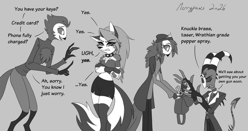 annoyed anthro backpack brass_knuckles concern_for_another dialogue electroshock_weapon female group husband_and_husband love male melee_weapon pepper_spray taser text weapon merrypaws hellaverse helluva_boss mythology blitzo_(helluva_boss) loona_(helluva_boss) octavia_(helluva_boss) stolas_(helluva_boss) avian bird canid canid_demon canine canis demon hellhound imp mammal mythological_canine mythological_creature owl wolf 2026 comic english_text greyscale monochrome adopted_(lore) adopted_daughter_(lore) daughter_(lore) father_(lore) father_and_child_(lore) father_and_daughter_(lore) parent_(lore) parent_and_child_(lore) parent_and_daughter_(lore) sibling_(lore) sister_(lore) sisters_(lore) stepparent_(lore)