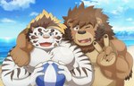 anthro beach belly blue_eyes blush brown_body brown_fur duo eyewear fur glasses humanoid_hands kemono male male/male moobs nipples one_eye_closed outside overweight overweight_male sea seaside water white_body white_fur wink nisikemo lifewonders tokyo_afterschool_summoners licho_(tas) felid lion mammal pantherine tiger 2021 absurd_res hi_res