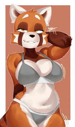 amber_eyes anthro bikini black_nose breasts brown_body brown_fur clothing countershading eyebrows eyelashes female fur grey_bikini grey_clothing grey_swimwear half-closed_eyes looking_at_viewer multicolored_body multicolored_fur narrowed_eyes navel orange_body orange_fur pose simple_background smile smiling_at_viewer solo swimwear tail two-piece_swimsuit white_body white_fur drt_l0l ailurid mammal red_panda absurd_res hi_res