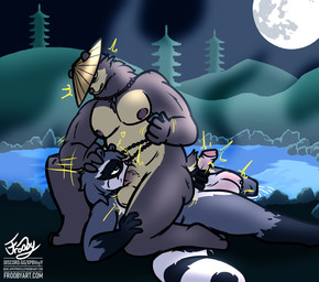 anthro at_night balls brown_body brown_fur clothing duo erection fur genitals grey_body hair hat headgear headwear hot_spring jewelry male male/male male_penetrated male_penetrating male_penetrating_male markings masturbating_while_penetrated masturbation moon mountain necklace night nipples nude onsen oral oral_penetration overweight penetration penis rough_oral sex steam straw_hat striped_markings striped_tail stripes tail tail_markings temple water frooby bear canid canine mammal procyonid raccoon raccoon_dog tanuki absurd_res digital_media_(artwork) hi_res signature