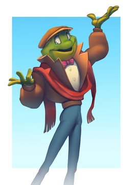 anthro blue_bottomwear blue_clothing blue_eyes blue_pants bottomwear bow_tie brown_clothing brown_jacket brown_topwear clothing countershade_face countershading green_body hat headgear headwear jacket newsboy_cap pants red_scarf scarf shirt solo top_heavy topwear white_clothing white_shirt white_topwear sad4ppleart freddie_as_f.r.o.7 freddie_the_frog hi_res