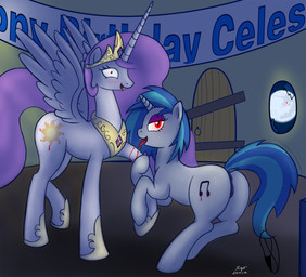anus banner blood blush bodily_fluids crown cutie_mark duo fangs feathered_wings feathers female feral genitals half-closed_eyes headgear horn inside looking_at_viewer moon narrowed_eyes night pupils quadruped red_eyes slit_pupils tail teeth vulva wings xyi friendship_is_magic hasbro my_little_pony mythology fan_character princess_celestia_(mlp) princess_molestia vinyl_scratch_(mlp) equid equine mammal mythological_creature mythological_equine unicorn vampire winged_unicorn 2012 hi_res signature