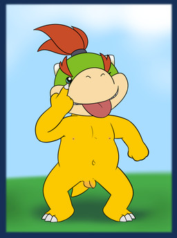 anthro balls big_tongue eyelid_pull eyelid_pull_taunt flaccid foreskin genitals gesture hair humanoid_genitalia humanoid_penis making_faces male mocking navel nipples nude one_eye_closed penis red_hair shell-less small_balls smile solo taunting teasing tongue tongue_out wide_tongue yellow_body young young_anthro young_male tribaldragon mario_bros nintendo bowser_jr. dragon_koopa koopa scalie absurd_res alpha_channel hi_res