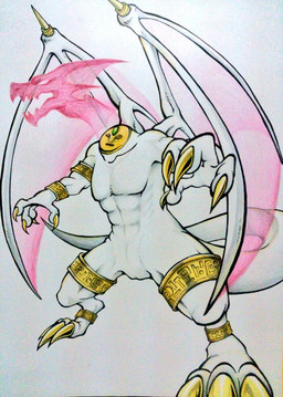 ambiguous_gender anthro detachable detachable_head featureless_crotch headless hologram_head kemono male open_mouth solo m_okiya monster_rancher tecmo 2015 traditional_media_(artwork)