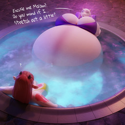 anthro belly big_belly big_breasts bikini breasts clothing dialogue duo female fur hair high-angle_view horn hot_tub huge_belly huge_breasts hyper hyper_belly hyper_pregnancy leaning leaning_backward looking_at_another markings navel outie_navel pink_hair pink_markings pregnant pregnant_anthro pregnant_female purple_bikini purple_clothing purple_light purple_swimwear question_mark swimwear text two-piece_swimsuit water white_body white_fur white_text yellow_bikini yellow_clothing yellow_swimwear pressurepurse undertale_(series) hannah_(pressurepurse) toriel boss_monster_(undertale) bovid bovine caprine cattle mammal 1:1 2022 3d_(artwork) absurd_res digital_media_(artwork) english_text hi_res