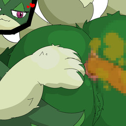 ambiguous_gender anthro anus butt cutaway expression_cutaway fart fart_cloud feces fur gaping gaping_anus green_body green_fur hand_on_butt heart_symbol looking_at_viewer mouth_closed naughty_face nude paws pooping presenting presenting_anus presenting_hindquarters purple_eyes raised_tail rear_view scatplay simple_background smelly solo spread_anus spreading tail toilet_paper_(pixiv) nintendo pokemon felid feline generation_9_pokemon mammal meowscarada pokemon_(species) 1:1 2026 censored digital_media_(artwork) mosaic_censorship