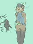 anthro blonde_hair blush blush_lines bottomwear branch brown_body brown_fur butt clothing cyan_background dark_bottomwear embarrassed eyelashes eyes_closed female freckled_butt freckles fur grey_clothing grey_hat grey_headwear grey_topwear hair hat headgear headwear horn looking_back pants question_mark rear_view short_hair simple_background solo topwear torn_bottomwear torn_clothing torn_pants wardrobe_malfunction blueregardtwo elaine_(blueregardtwo) deer mammal 3:4 absurd_res hi_res