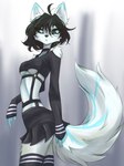 anthro black_hair black_sclera blue_eyes bottomwear breasts clothed clothed_anthro clothed_female clothing female fingers fully_clothed fully_clothed_anthro fully_clothed_female fur hair legwear looking_back side_view skirt small_breasts solo standing tail thigh_highs topwear under_boob white_body white_fur white_tail tinygaypirate canid canine fox mammal 2025 3:4 digital_media_(artwork) hi_res