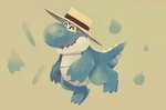 anthro belly blue_body clothing eyes_closed hat headgear headwear simple_background slightly_chubby solo sploggles link's_awakening nintendo the_legend_of_zelda sale_(tloz) crocodile crocodilian reptile scalie 2020 hi_res