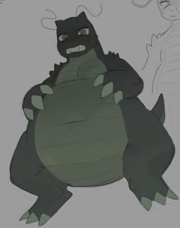 antennae_(anatomy) belly big_belly claws green_body green_claws green_scales green_tail grey_body grey_scales grey_tail huge_belly looking_at_viewer looking_down looking_down_at_viewer multicolored_body multicolored_scales red_eyes scales solo tail two_tone_body two_tone_scales two_tone_tail wide_crotch goonie-san nintendo pokemon goon_(goonie_san) dragonite generation_1_pokemon pokemon_(species)