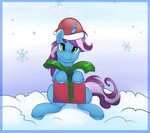 blue_body christmas_clothing christmas_headwear clothing gift green_eyes hat headgear headwear holidays hooves horn male mane pink_body quadruped ribbons santa_hat snow snowflake solo unicorn_horn viwrastupr christmas hasbro my_little_pony mythology fan_character gyro_tech equid equine mammal mythological_creature mythological_equine unicorn absurd_res hi_res