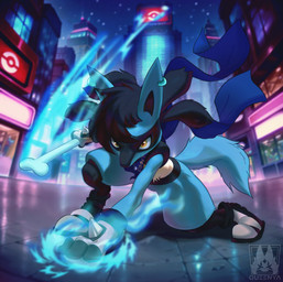 anthro aura blue_body blue_fur boots city city_background clothing ear_piercing ear_ring fingerless_gloves footwear fur gloves handwear male piercing ring_piercing scarf shoes solo white_body white_fur yellow_eyes nintendo pokemon foofy_(foofybluedoggo) canid canine canis generation_4_pokemon jackal lucario mammal pokemon_(species) absurd_res hi_res