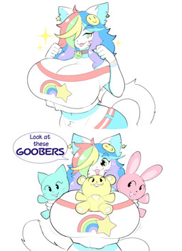 anthro bell bell_collar belt big_breasts blue_bottomwear blue_clothing blue_eyebrows blue_shorts bottomwear bouncing_breasts breasts clothing collar crotch_tuft dialogue excited excited_expression eyebrows female fur hair holding_object huge_breasts long_tail motion_lines multicolored_hair narrowed_eyes open_mouth plushie rainbow rainbow_hair shirt shorts simple_background smile smiley_face sparkles speech_bubble striped_belt t-shirt tail text tongue tongue_out topwear tuft white_background white_body white_clothing white_fur white_shirt white_t-shirt white_topwear theycallhimcake finley_(theycallhimcake) domestic_cat felid feline felis mammal 2024 absurd_res digital_drawing_(artwork) digital_media_(artwork) english_description english_text half-length_portrait hi_res portrait busty_boy_(lore) male_(lore)