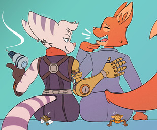 annoyed anthro bar_emanata big_butt bodily_fluids butt clothing emanata female flying_sweatdrops frustration_cloud gloves group gun handwear head_tuft iconography larger_female laugh macro male micro ojou_laugh pink_nose prosthetic prosthetic_arm prosthetic_limb ranged_weapon shrink_ray shrinking sitting_on_another size_difference size_transformation smaller_male smile stripes sweat sweatdrop transformation tuft weapon geckonori dreamworks insomniac_games ratchet_and_clank sony_corporation sony_interactive_entertainment the_bad_guys diane_foxington mr._wolf_(the_bad_guys) ratchet_(ratchet_and_clank) rivet_(ratchet_and_clank) canid canine canis fox lombax mammal northwestern_wolf red_fox true_fox wolf crossover
