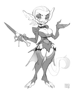 5_fingers armwear big_breasts blade bodily_fluids bow_tie breasts clothed clothed_female clothed_humanoid clothing dagger drooling ear_piercing elbow_gloves eyebrows eyeshadow feet female female_humanoid fingers front_view glistening_eyelids gloves hair handwear holding_dagger holding_knife holding_melee_weapon holding_object holding_weapon humanoid_pointy_ears knife legwear looking_at_viewer makeup markings melee_weapon mole_(marking) mole_on_breast mole_under_eye narrowed_eyes notched_ear piercing pointy_ears puffy_sleeves saliva sharp_teeth simple_background small_waist solo tail tail_tuft teeth thigh_highs toes tuft weapon white_background foresttherotten goblin humanoid vampire 2025 dated digital_drawing_(artwork) digital_media_(artwork) full-length_portrait hi_res monochrome portrait