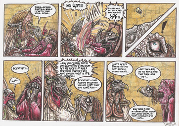 anthro beak claws dialogue duo elderly elderly_intersex fangs gown humor multi_limb renaissance_clothing speech_bubble teeth text skekla_(artist) the_dark_crystal skekla_the_illustrator skektek_the_scientist alien skeksis 2017 comic english_description english_text signature herm_(lore)