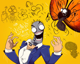 3_fingers 4_legs 5_fingers antennae_(anatomy) arthropod_abdomen black_antennae black_body blue_clothing blue_jacket blue_topwear body_hair cellphone chest_hair clothed clothed_humanoid clothing creepy_face crown dialogue electronics eyes_closed feral fingers flying frown gore gums hair headgear holding_cellphone holding_object holding_phone holding_smartphone insane insect_wings jacket lepidopteran_wings light_body light_skin logo machine not_furry_focus open_mouth orange_wings phone pupils robot_gore ruff sharp_teeth shirt simple_background small_pupils smartphone spread_wings square_crossover teeth text toony topwear white_clothing white_shirt white_topwear wings yellow_background young young_feral rody_marshall disney hoppers_(disney) pixar jerry_generazzo titus_(hoppers) arthropod butterfly caterpillar humanoid insect larva lepidopteran monarch_butterfly robot robot_humanoid 2026 artist_logo digital_media_(artwork) english_text hi_res